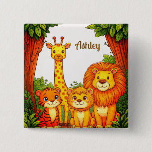 Bóton Quadrado 5.08cm Animais Safari Marrom Branco Aquarela 