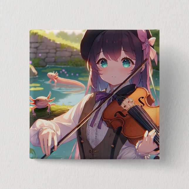 Bóton Quadrado 5.08cm Anime Girl tocando violino e Axolotls (Frente)