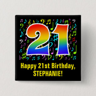 Bóton Quadrado 5.08cm aniversário de 21 anos: Símbolos Musicais Colori