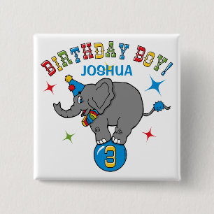 Bóton Quadrado 5.08cm Aniversário de 3 anos do elefante do circo