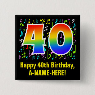 Bóton Quadrado 5.08cm aniversário de 40 anos: Símbolos Musicais Colori