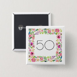 Bóton Quadrado 5.08cm Aniversário de 50 anos Rosa Floral Quadrada Ela É