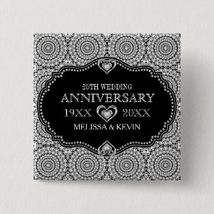 Bóton Quadrado 5.08cm Aniversário de Casamento de 25 com Ouros Brancos