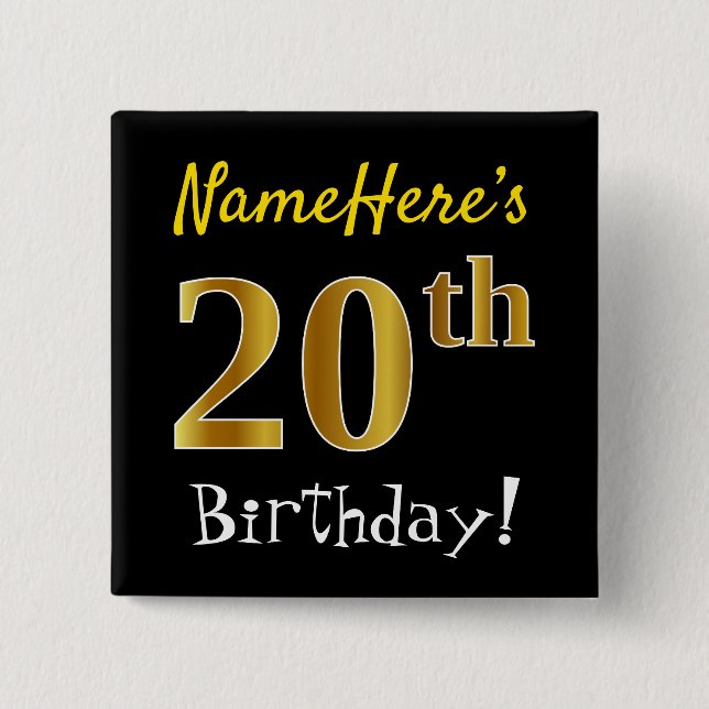 Bóton Quadrado 5.08cm Aniversário Dourado, Preto, Com Nome Personalizado (Frente)