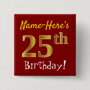 Bóton Quadrado 5.08cm Aniversário Dourado Vermelho, Faux, Com Nome Pers