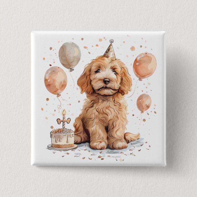Bóton Quadrado 5.08cm Aniversário Goldendoodle Cog Bolo de Aniversário (Frente)