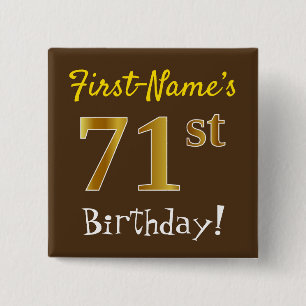 Bóton Quadrado 5.08cm Aniversário Marrom, Faux Dourado 71 ruas, Com Nom