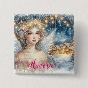 Bóton Quadrado 5.08cm Anjo de Neve Festivo Dourado em Aquarela Etérea