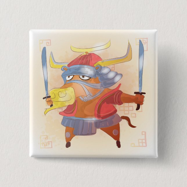 Bóton Quadrado 5.08cm Aquarela Ano do Boi, Samurai (Frente)