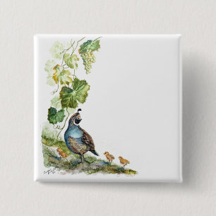 Bóton Quadrado 5.08cm Aquarela Personalizada Família de Codorniz da Cali
