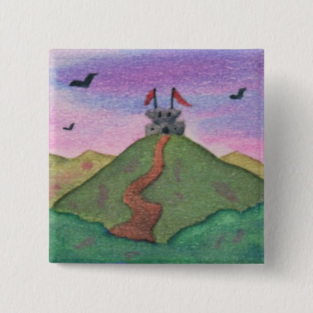 Bóton Quadrado 5.08cm Aquarela, Pintura, Natureza, Fortaleza, Castelo (Frente)