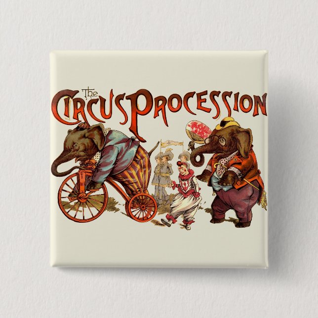 Bóton Quadrado 5.08cm Arte Antiguária Elefante de Procissão Circus (Frente)