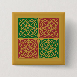 Bóton Quadrado 5.08cm Arte Azulejo Vermelha e Verde sobre Padrão Dourado