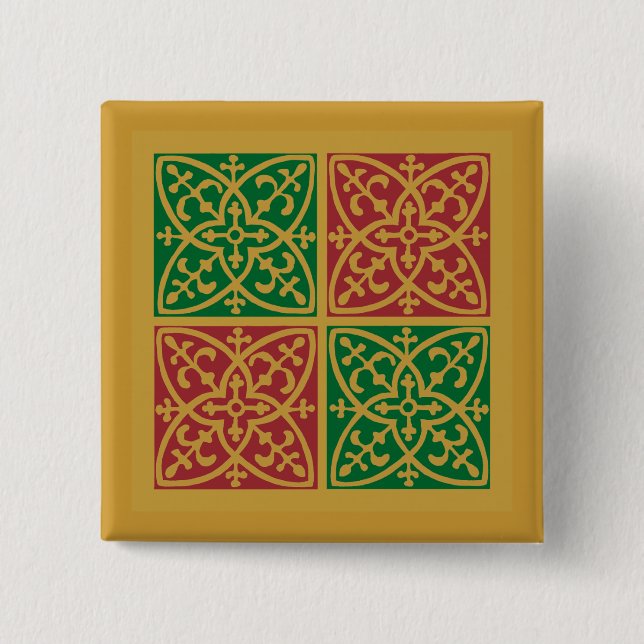 Bóton Quadrado 5.08cm Arte Azulejo Vermelha e Verde sobre Padrão Dourado (Frente)