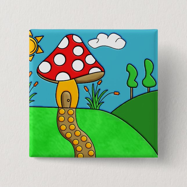 Bóton Quadrado 5.08cm Arte Caprichosa de Fungos da Floresta (Frente)