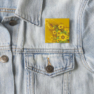 Bóton Quadrado 5.08cm Arte de Girassol Grunge Negrito Rústico Floral Ama