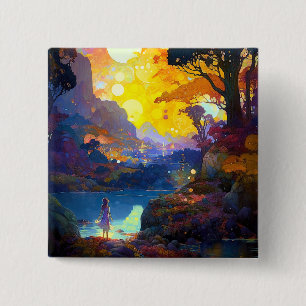 Bóton Quadrado 5.08cm Arte de Paisagem de Fantasia Surreal
