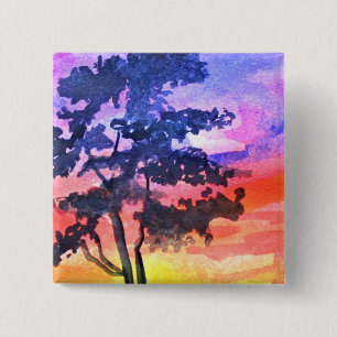 Bóton Quadrado 5.08cm Arte em aquarela de paisagem Sonho de pôr do sol