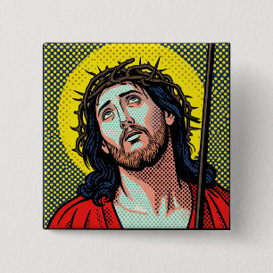 Bóton Quadrado 5.08cm Arte Pop Religiosa Coroa de Espinhos Meia-Tinta Qu