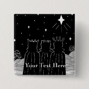 Bóton Quadrado 5.08cm Arte preto e branco de três reis e estrelas do