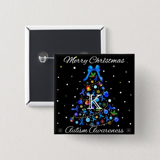 Bóton Quadrado 5.08cm Árvore Azul de Natal Autismo (Frente & Verso)