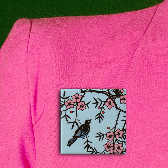 Bóton Quadrado 5.08cm Árvore do Flor de Cereja Preta (Pretty black bird in abstract cherry blossom tree on light blue square pin back button.)