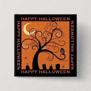Bóton Quadrado 5.08cm Árvore e Cemitério Laranja Arte Feliz Halloween