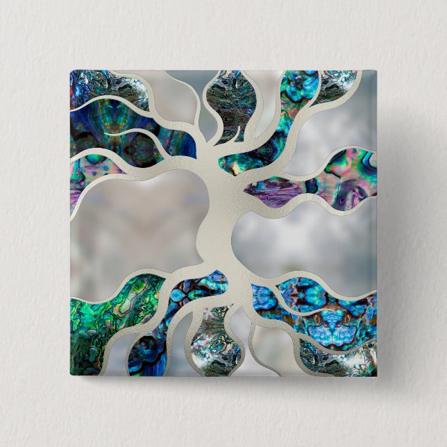 Bóton Quadrado 5.08cm Árvore viva - Abalone Shell e Pearl (Frente)