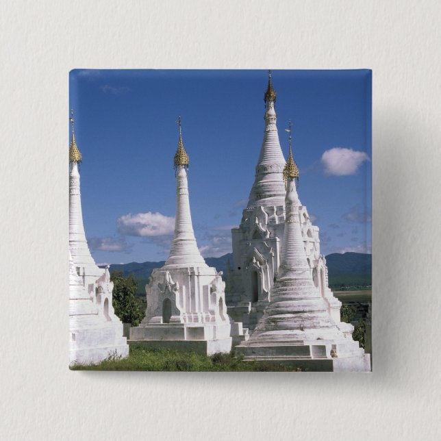Bóton Quadrado 5.08cm Ásia, Myanmar, Lago Inle. Pagodes. 2 (Frente)