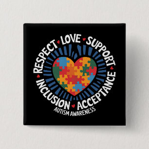 Bóton Quadrado 5.08cm Autismo Sensibilização Respeite o Apoio ao Amor