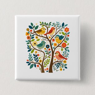 Bóton Quadrado 5.08cm Aves e Flores Arte Folclórica Escandinava