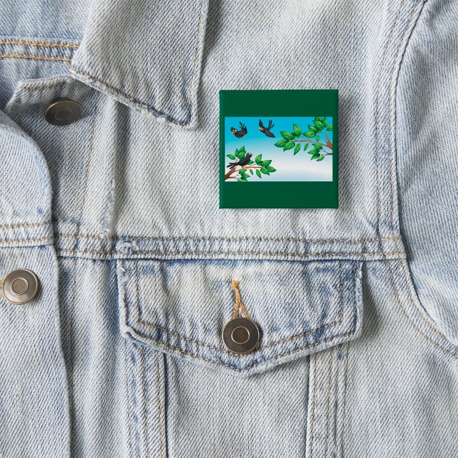 Bóton Quadrado 5.08cm Aves Em Árvore (Criador carregado)