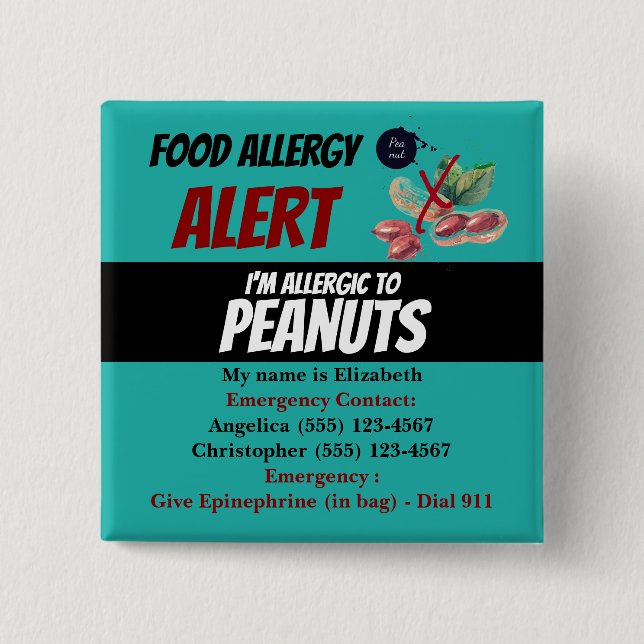 Bóton Quadrado 5.08cm Aviso de Alerta de Alergia à Comida de Amendoim Te (Frente)