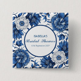 Bóton Quadrado 5.08cm azul e branco Chinoiserie padrão antigo noivado 