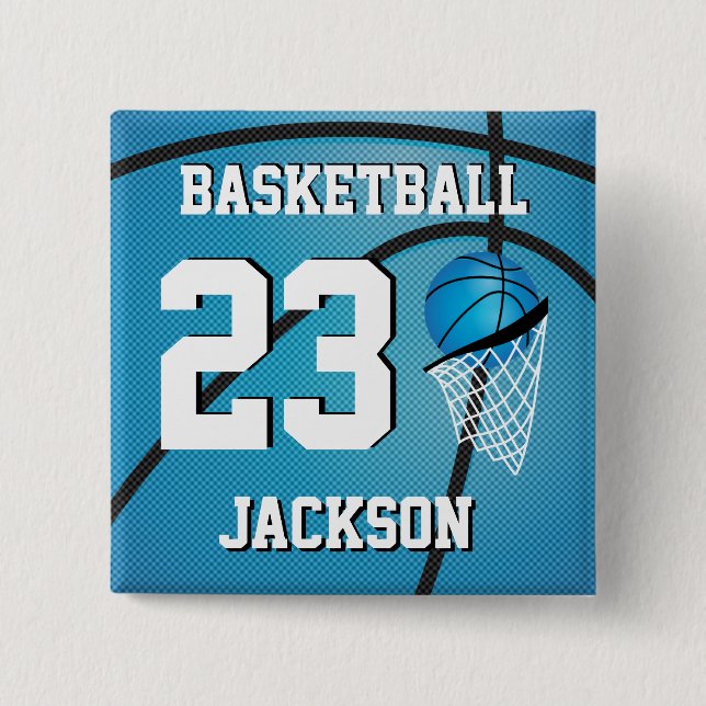 Bóton Quadrado 5.08cm Azul e Branco de Basquete | Personalizar (Frente)
