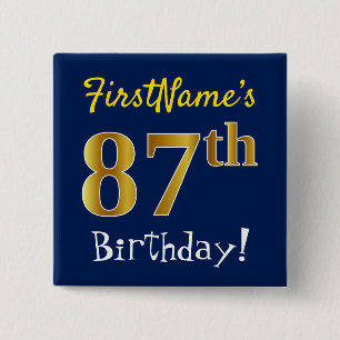 Bóton Quadrado 5.08cm Azul, Faux Dourado 87.º Aniversário, Com Nome Pers