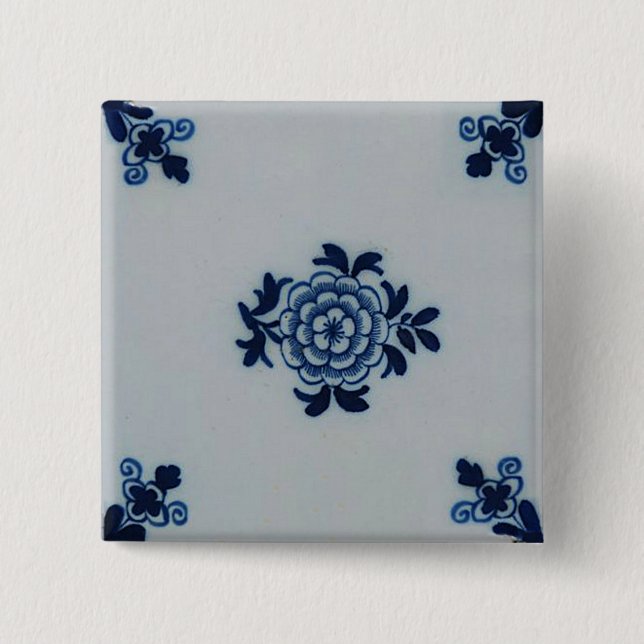 Bóton Quadrado 5.08cm Azulejo azul de Delft do Antiquarian clássico - (Frente)