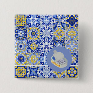 Bóton Quadrado 5.08cm Azulejos Azuis e Sardinhas
