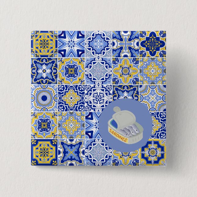Bóton Quadrado 5.08cm Azulejos Azuis e Sardinhas (Frente)
