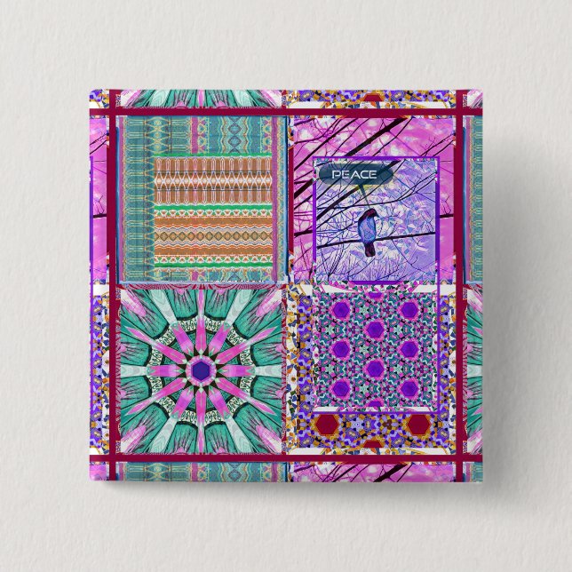 Bóton Quadrado 5.08cm Azulejos Azulejos Geométricos com Pássaro da Paz (Frente)