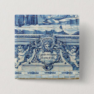 Bóton Quadrado 5.08cm Azulejos de paredes brancas e azuis portuguesas co