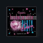 Bóton Quadrado 5.08cm Bachelorette Neon Look Disco Retro, 70 anos<br><div class="desc">Faça uma viagem de volta aos anos 70 e festas no lado selvagem com esta bola retrorreflectora de discoteca "Bem-vindo" ao design de "Bachelorette Disco Party" rosa, azul elétrico e incluindo texto rosa e prateado com estrelas de tom rosa, azul e prateado (não folha de alumínio) — tudo sobre fundo...</div>