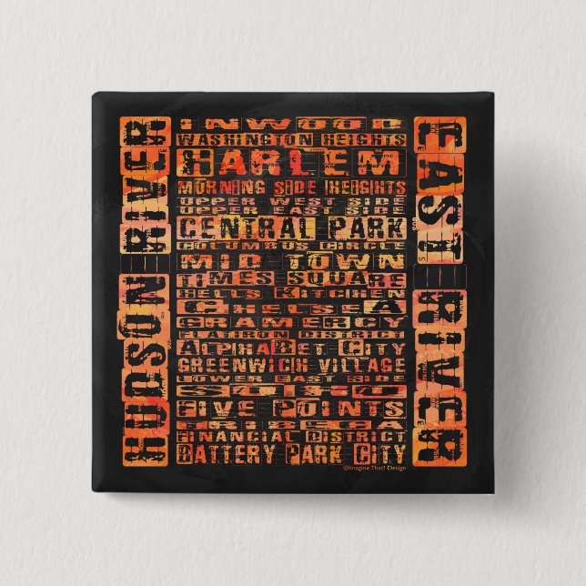 Bóton Quadrado 5.08cm Bairros de NYC Laranja (Frente)