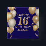 Bóton Quadrado 5.08cm Balões azuis e Dourados do Marinho 16<br><div class="desc">16ª Festa de aniversário Marinho Balões Azuis e Dourados e Botão Confetti. Para mais personalização,  clique no botão "Personalizar" e use nossa ferramenta de design para modificar este modelo.</div>