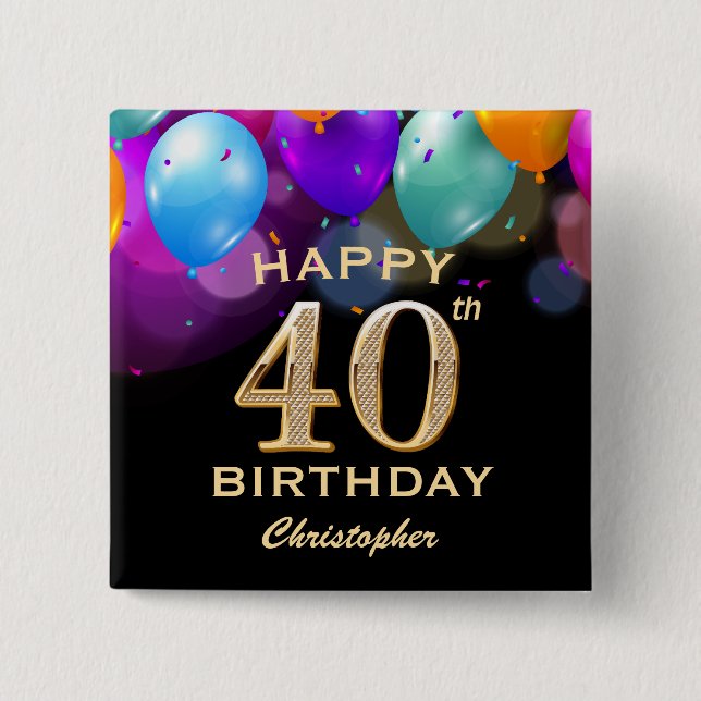 Bóton Quadrado 5.08cm Balões Pretos e Dourados do Partido aniversário de (Frente)