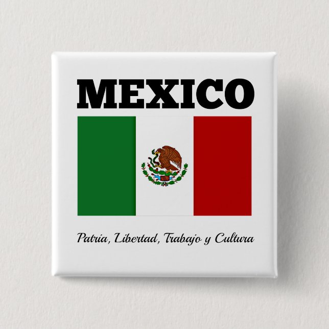 Bóton Quadrado 5.08cm Bandeira do México, rotulada (Frente)