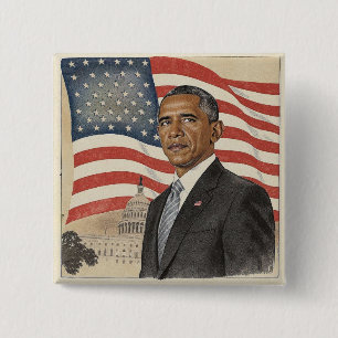 Bóton Quadrado 5.08cm Barack Obama em frente à bandeira americana e ao C