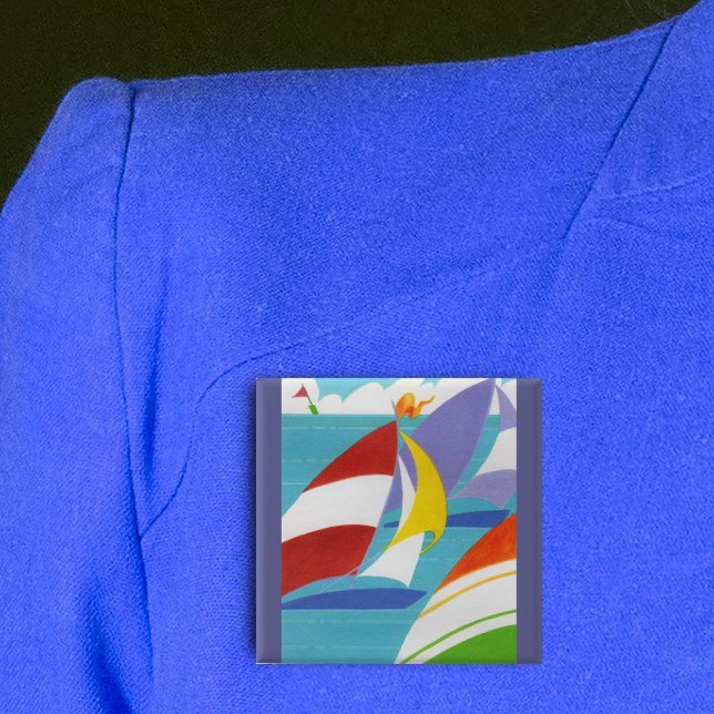 Bóton Quadrado 5.08cm Barcos à vela coloridos (Abstract sailboats bright colours blue lake clouds on square pin back button.)