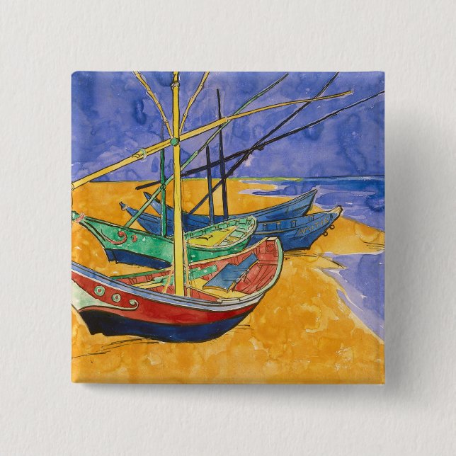 Bóton Quadrado 5.08cm Barcos de pesca de Vincent van Gogh | na praia (Frente)
