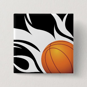 Bóton Quadrado 5.08cm Basquetebol flamejante preto e branco